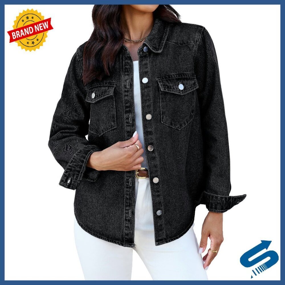 Distressed Denim Jacket Shacket Women's Long Sleeve Button Down Trucker